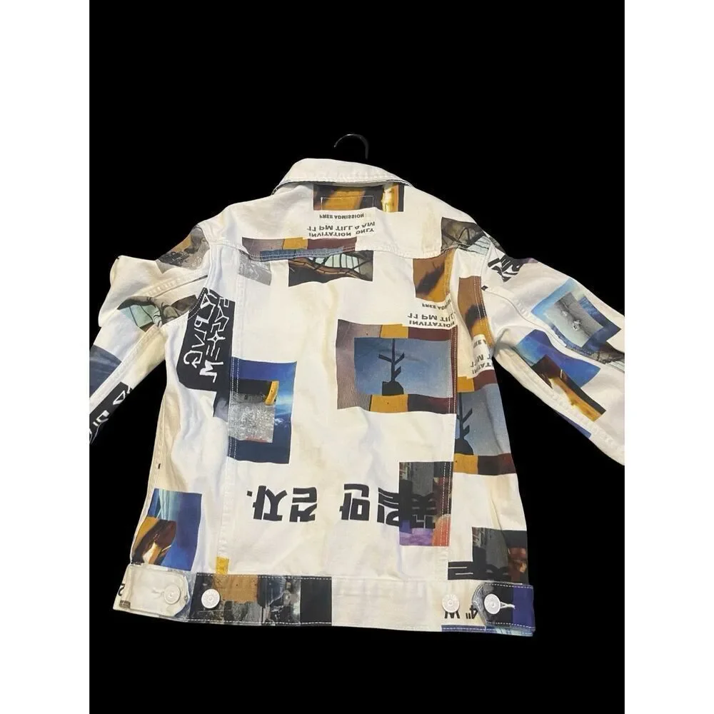 BDG Urban Outfitters Mens White Blue Graphic Print Oversized Denim Jacket Small